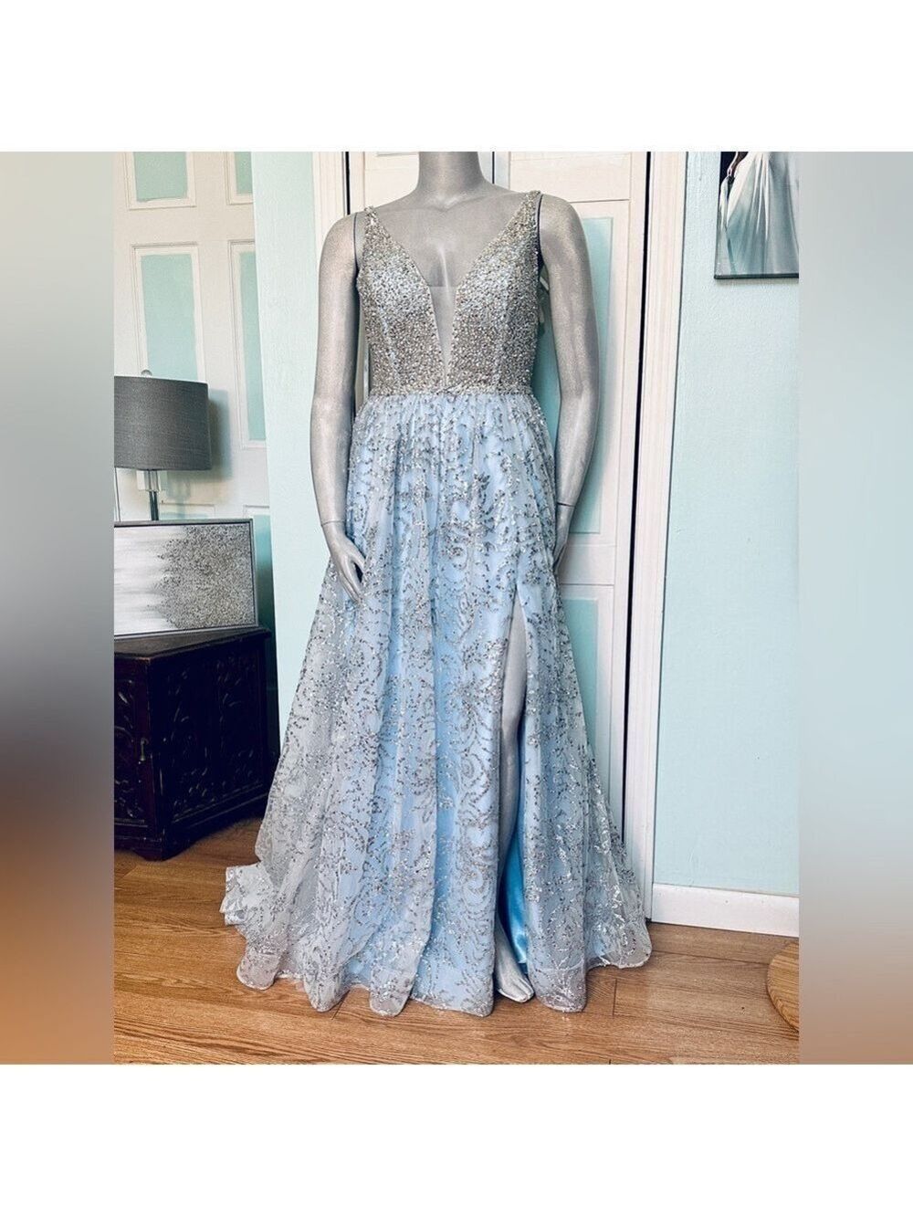 Size 14 Ice Blue Baby Light Gown Prom Dress Pageant Silver Sparkles Slit Straps